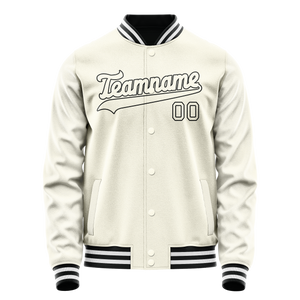 Custom Cream Black Solid Color Varsity Letterman Jacket