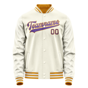 Custom Cream Purple Solid Color Varsity Letterman Jacket