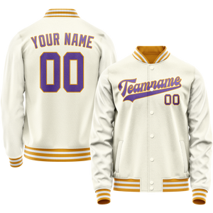 Custom Cream Purple Solid Color Varsity Letterman Jacket