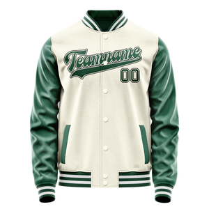 Custom Cream Kelly-Green Solid Color Varsity Letterman Jacket