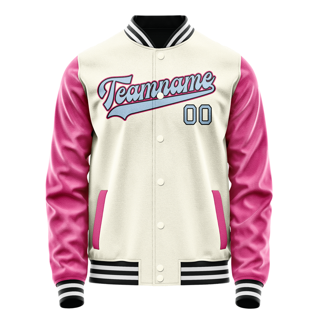 Custom Cream Pink Solid Color Varsity Letterman Jacket