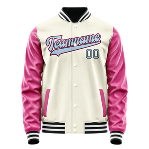 Custom Cream Pink Solid Color Varsity Letterman Jacket