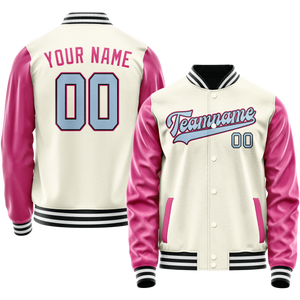 Custom Cream Pink Solid Color Varsity Letterman Jacket