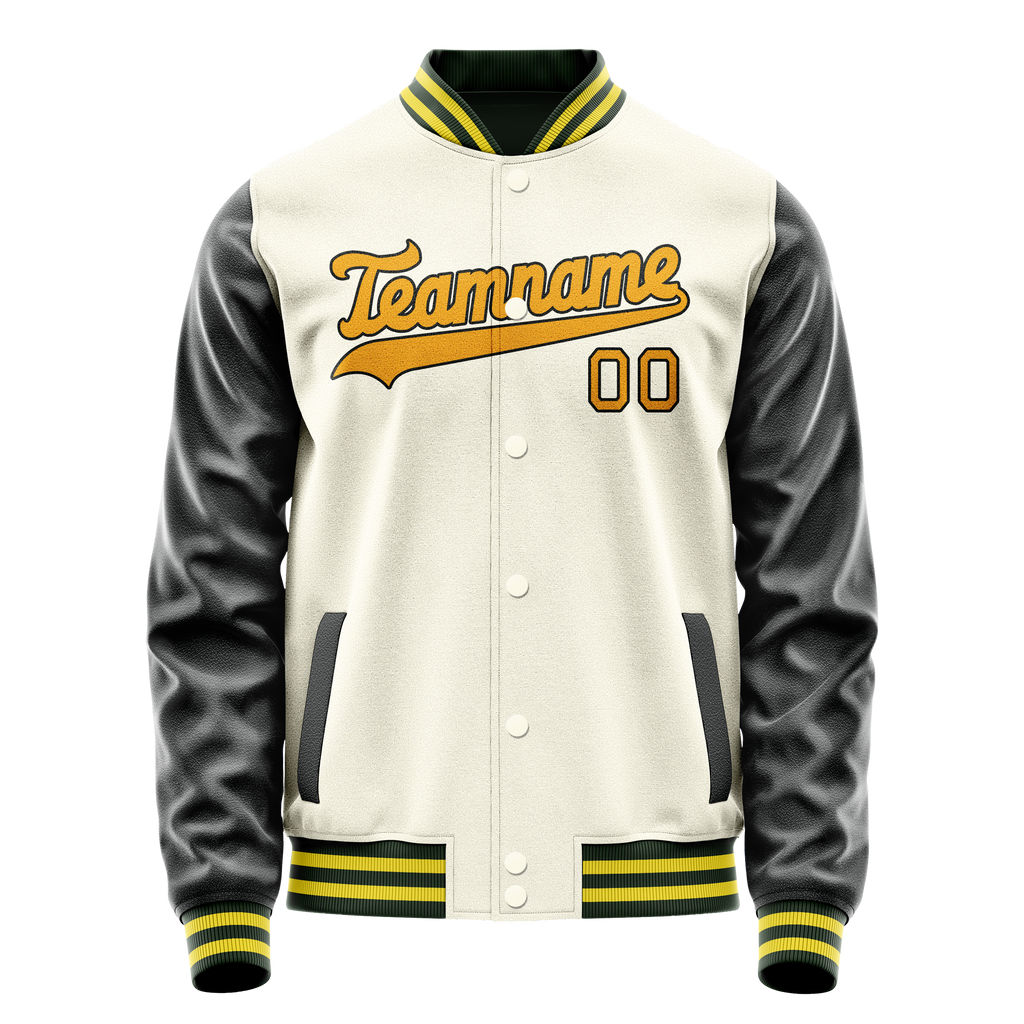 Custom Cream Black Solid Color Varsity Letterman Jacket