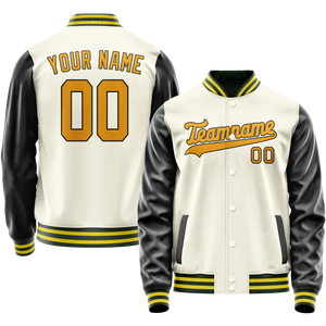 Custom Cream Black Solid Color Varsity Letterman Jacket