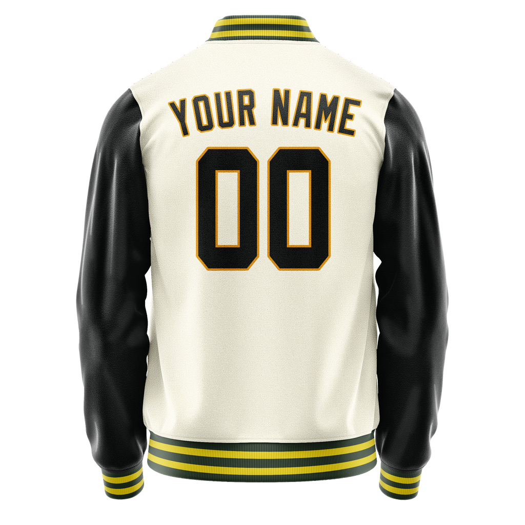 Custom Cream Black Solid Color Varsity Letterman Jacket
