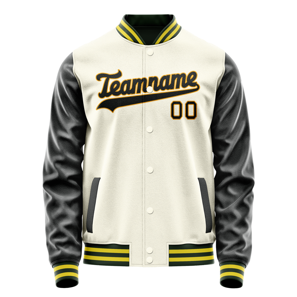 Custom Cream Black Solid Color Varsity Letterman Jacket