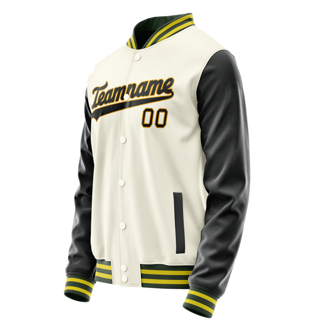Custom Cream Black Solid Color Varsity Letterman Jacket
