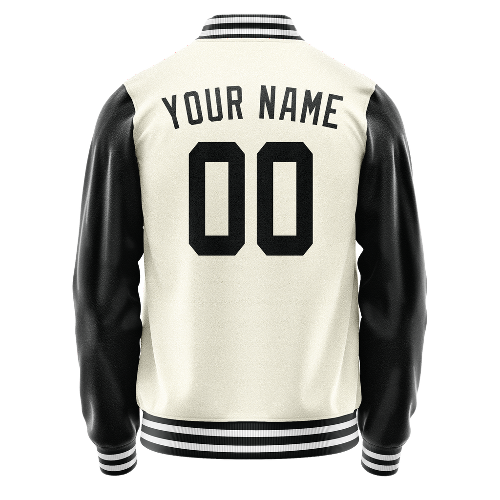 Custom Cream Black Solid Color Varsity Letterman Jacket