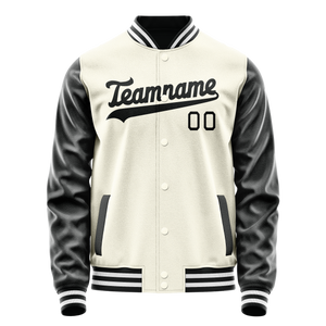 Custom Cream Black Solid Color Varsity Letterman Jacket