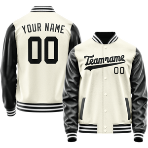 Custom Cream Black Solid Color Varsity Letterman Jacket
