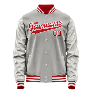 Custom Gray Red Solid Color Varsity Letterman Jacket