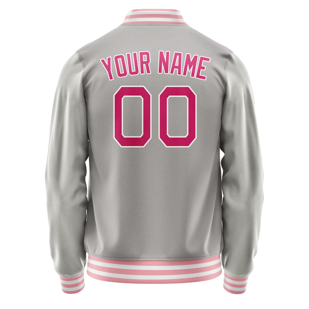 Custom Gray Pink Solid Color Varsity Letterman Jacket