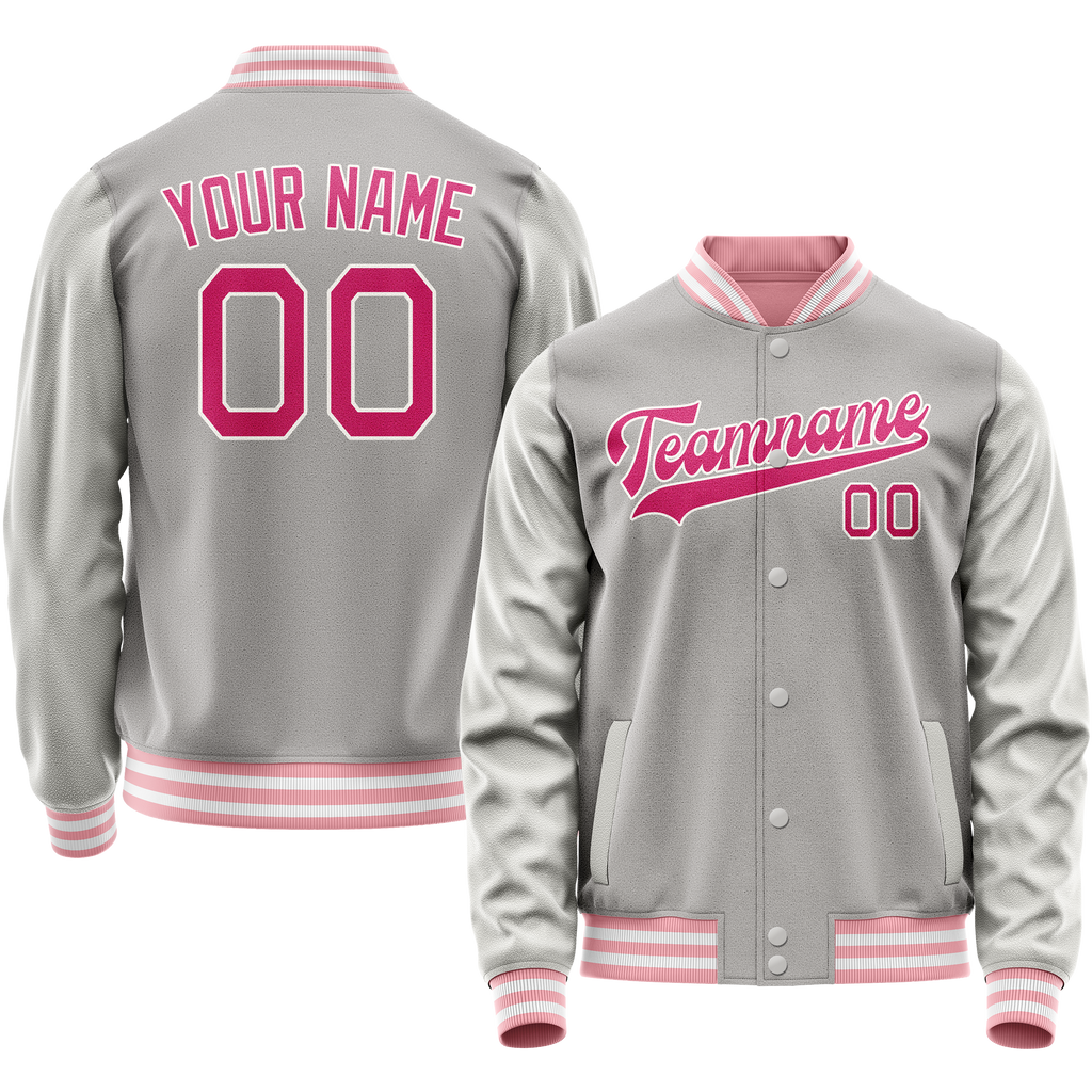 Custom Gray Pink Solid Color Varsity Letterman Jacket