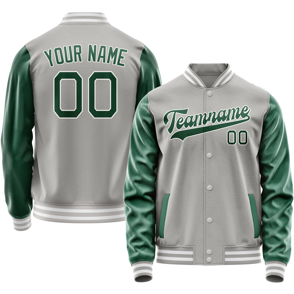 Custom Gray Kelly-Green Solid Color Varsity Letterman Jacket