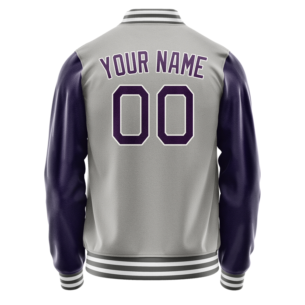 Custom Gray Purple Solid Color Varsity Letterman Jacket