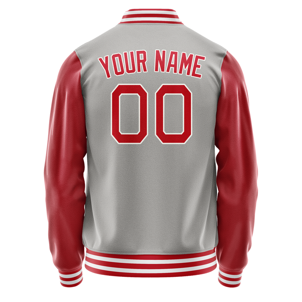 Custom Gray Red Solid Color Varsity Letterman Jacket