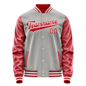 Custom Gray Red Solid Color Varsity Letterman Jacket