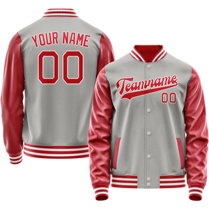 Custom Gray Red Solid Color Varsity Letterman Jacket