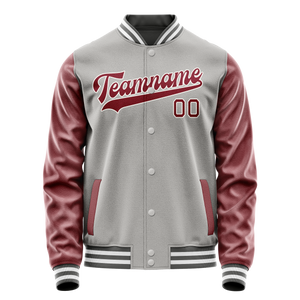 Custom Gray Crimson Solid Color Varsity Letterman Jacket