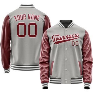 Custom Gray Crimson Solid Color Varsity Letterman Jacket