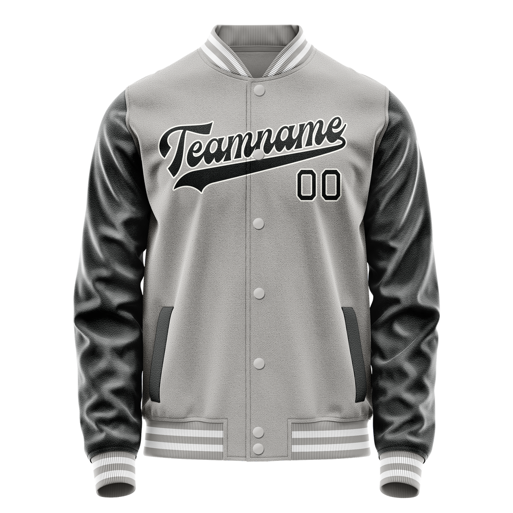 Custom Gray Black Solid Color Varsity Letterman Jacket