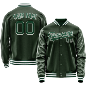Custom Green White Solid Color Varsity Letterman Jacket