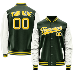 Custom Green White Solid Color Varsity Letterman Jacket
