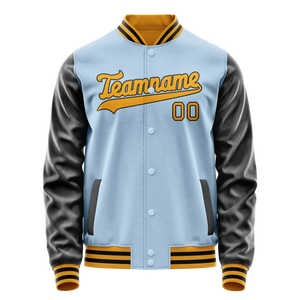 Custom Light-Blue Black Solid Color Varsity Letterman Jacket