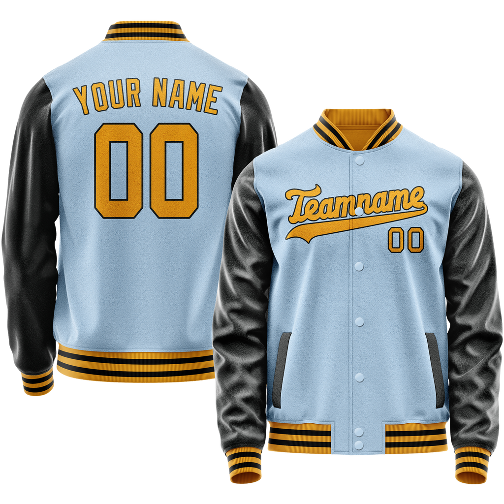 Custom Light-Blue Black Solid Color Varsity Letterman Jacket