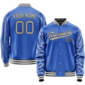 Custom Electric-Blue Gray Solid Color Varsity Letterman Jacket