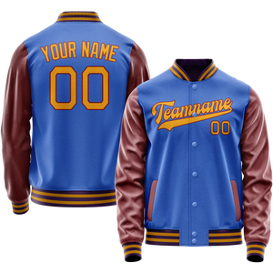 Custom Electric-Blue Brown Solid Color Varsity Letterman Jacket