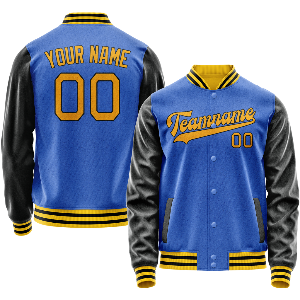 Custom Electric-Blue Black Solid Color Varsity Letterman Jacket