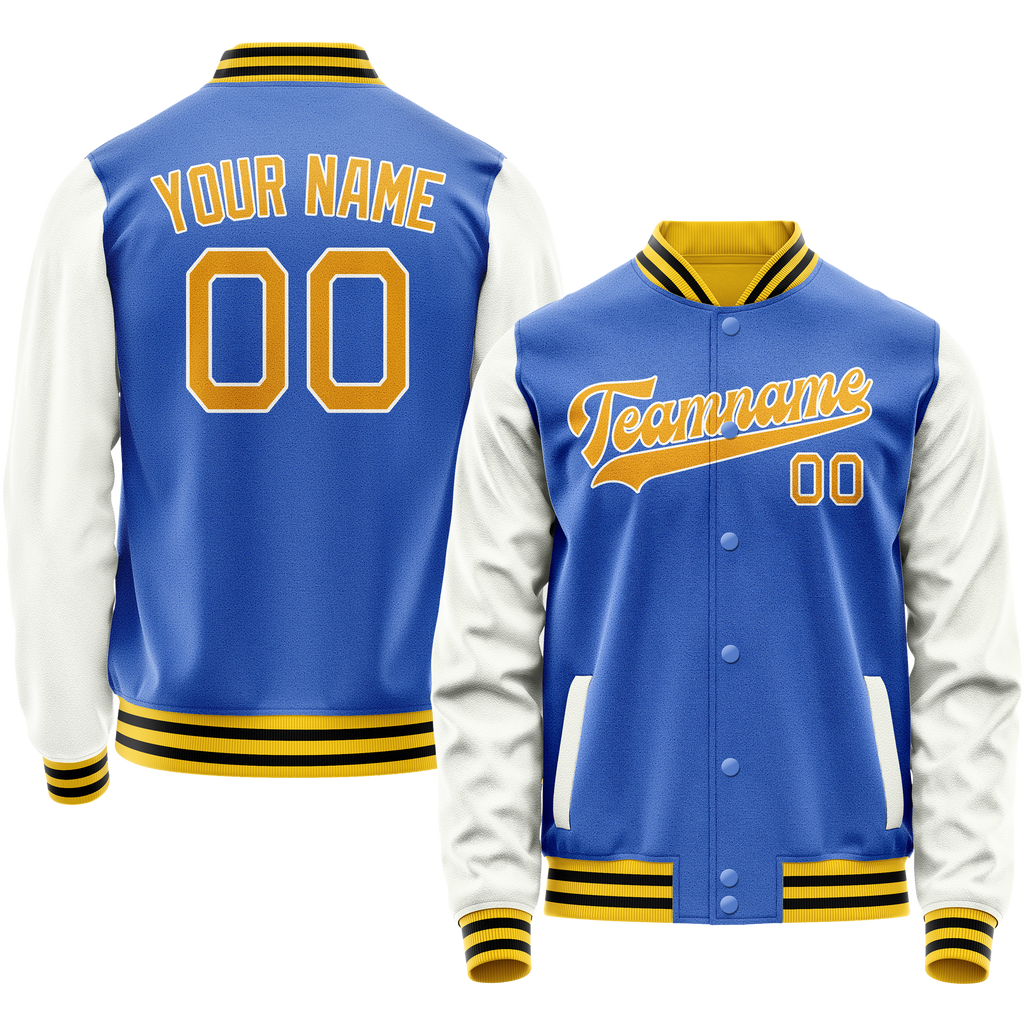 Custom Electric-Blue White Solid Color Varsity Letterman Jacket