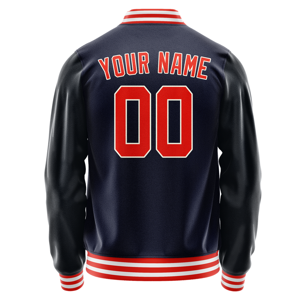 Custom Navy Orange Solid Color Varsity Letterman Jacket