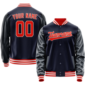 Custom Navy Orange Solid Color Varsity Letterman Jacket