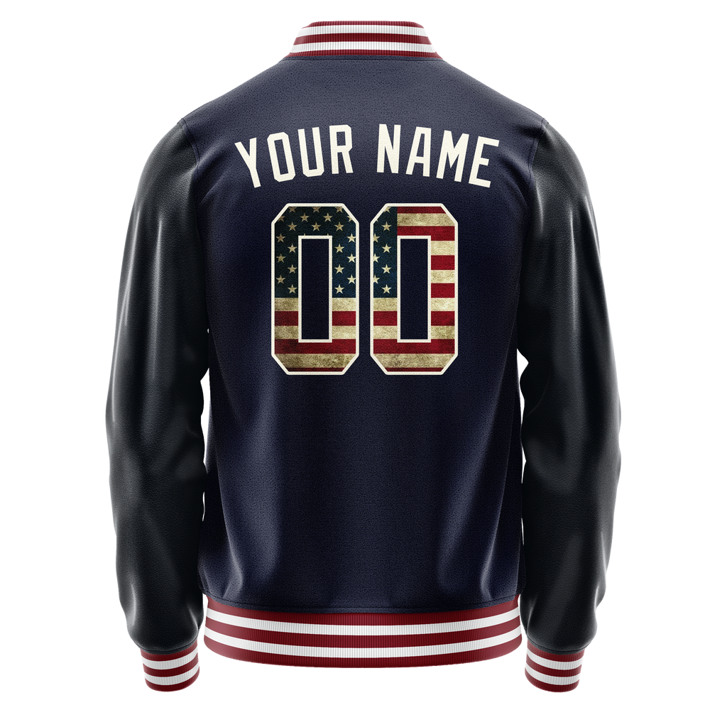 Custom Navy Cream Vintage Usa Flag Varsity Letterman Jacket