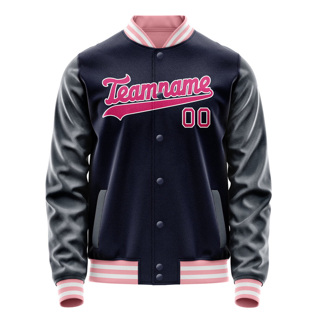 Custom Navy Pink Solid Color Varsity Letterman Jacket