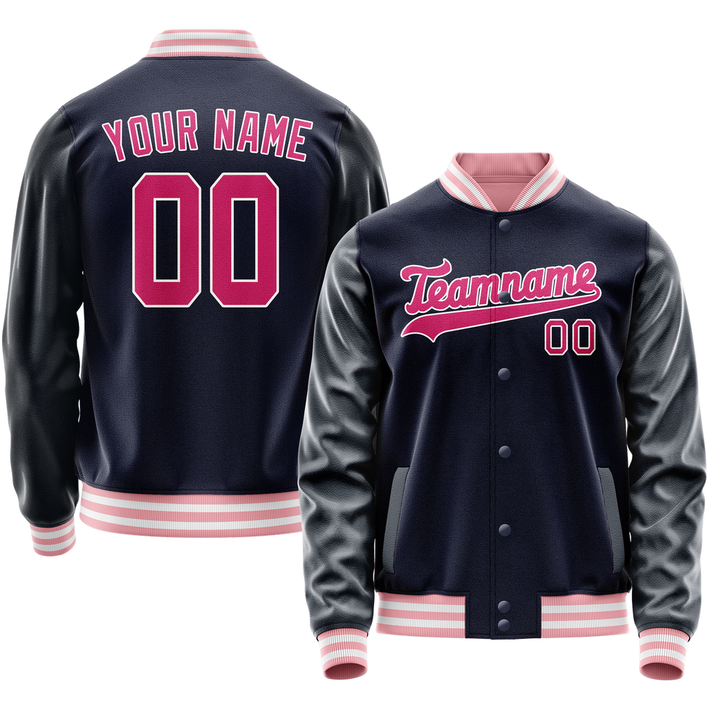 Custom Navy Pink Solid Color Varsity Letterman Jacket