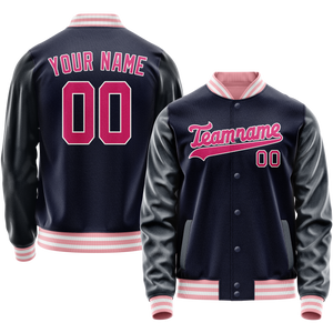 Custom Navy Pink Solid Color Varsity Letterman Jacket