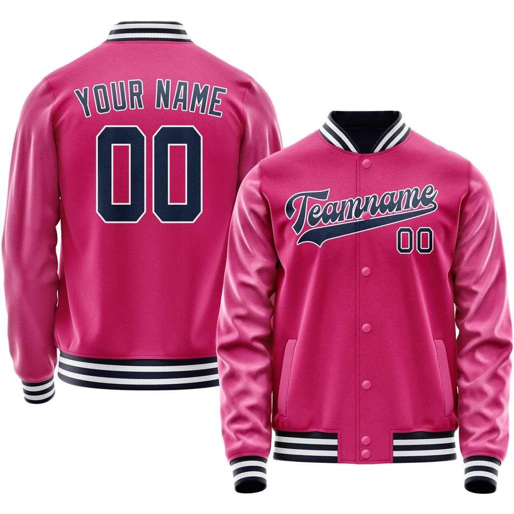 Custom Pink Navy Solid Color Varsity Letterman Jacket