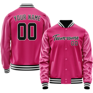 Custom Pink Black Solid Color Varsity Letterman Jacket