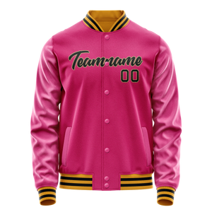 Custom Pink Black Solid Color Varsity Letterman Jacket