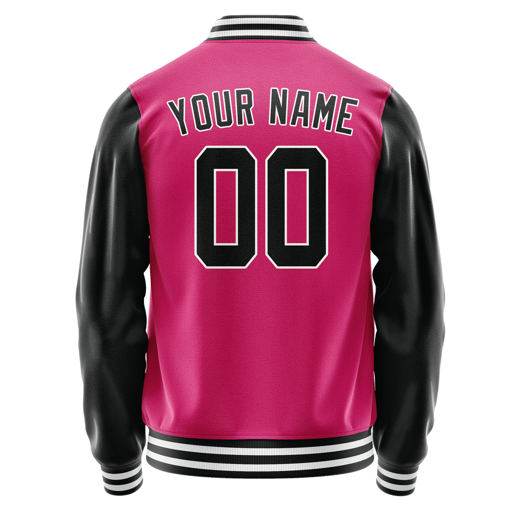 Custom Pink Black Solid Color Varsity Letterman Jacket