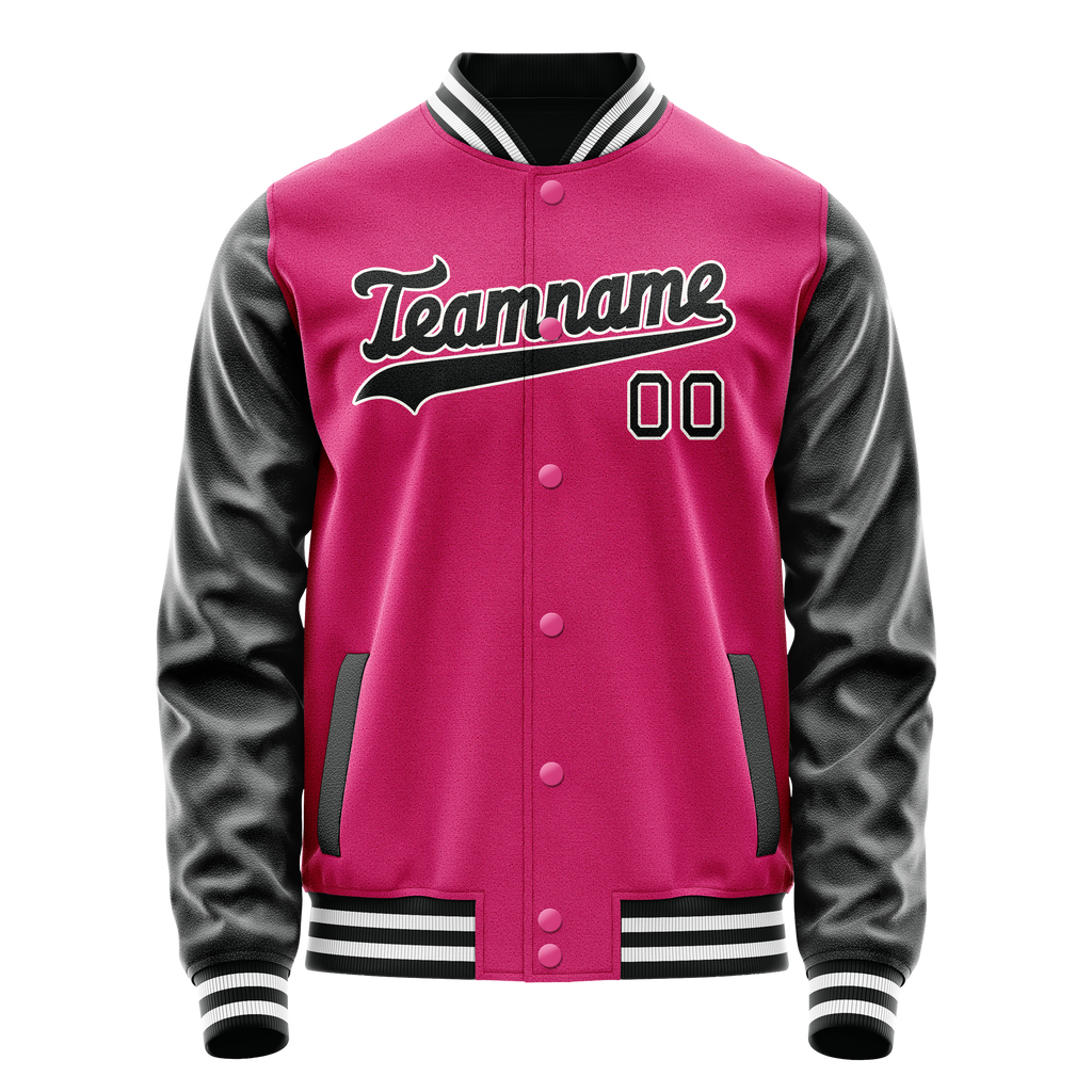 Custom Pink Black Solid Color Varsity Letterman Jacket