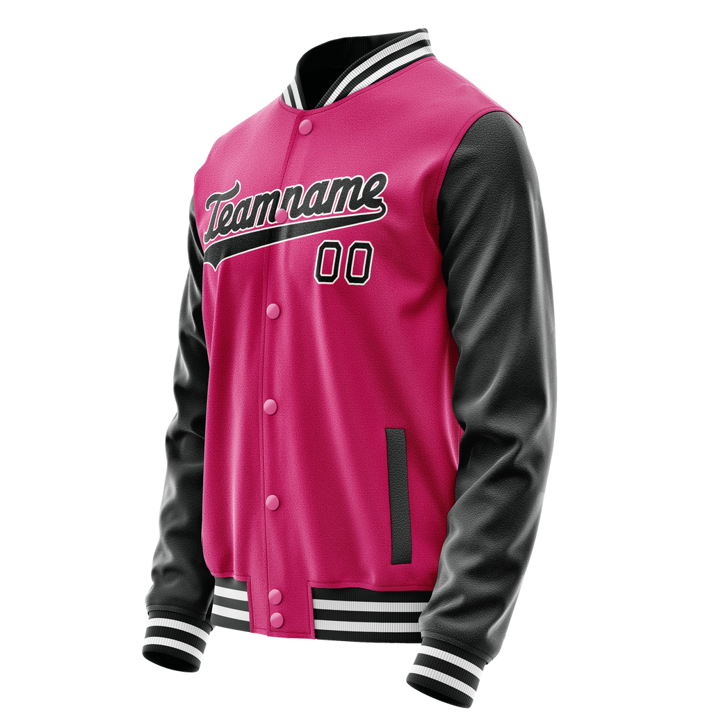 Custom Pink Black Solid Color Varsity Letterman Jacket