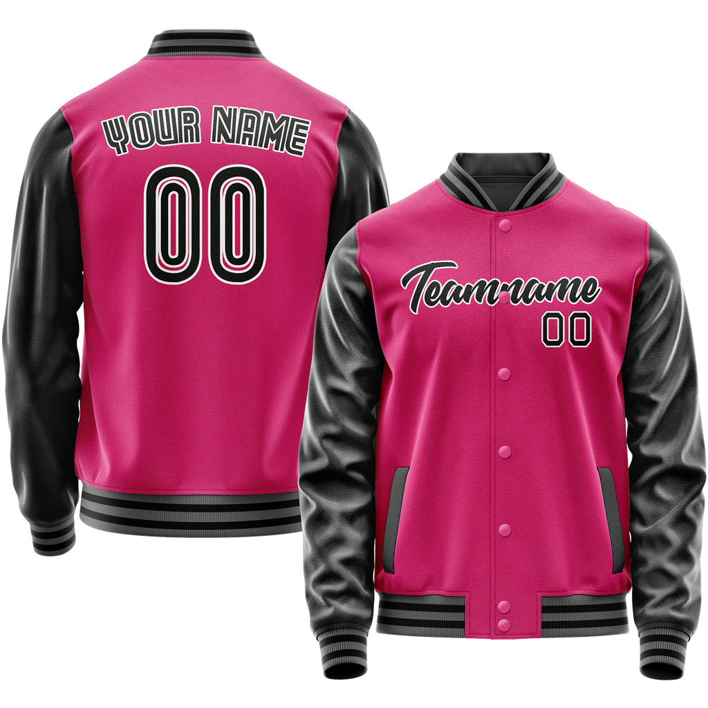 Custom Pink Black Solid Color Varsity Letterman Jacket