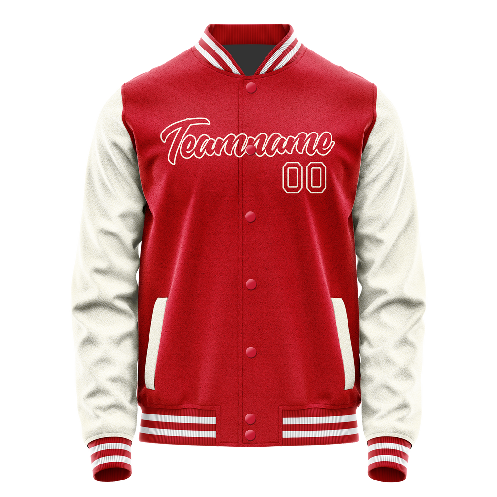 Custom Red Cream Solid Color Varsity Letterman Jacket