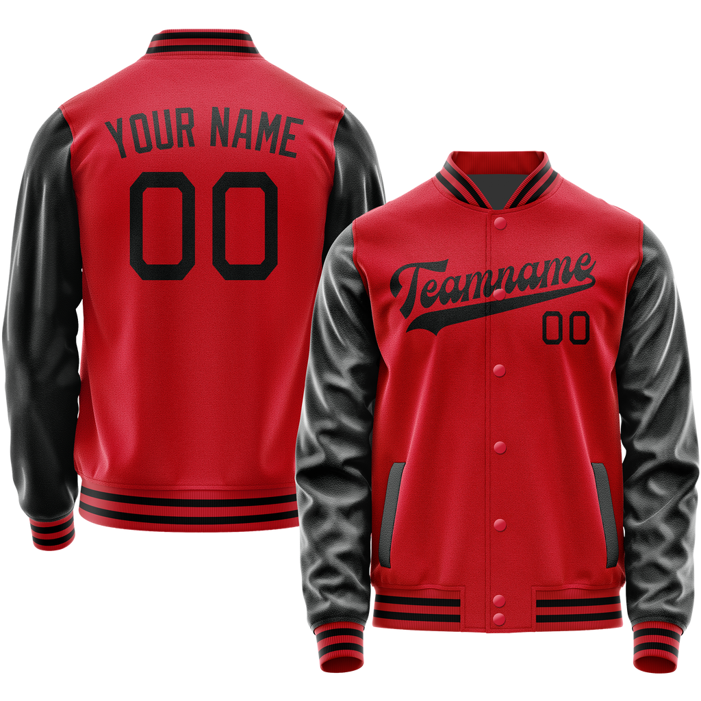 Custom Red Black Solid Color Varsity Letterman Jacket