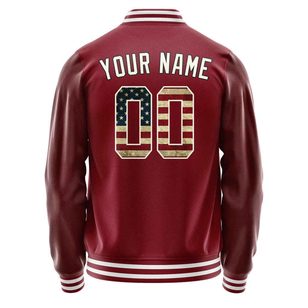 Custom Crimson Cream Vintage Usa Flag Varsity Letterman Jacket